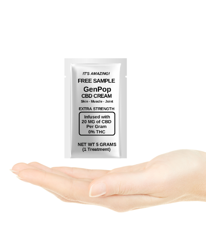 Try a Free Sample of the GenPop CBD Cream (1 Treatment). Our 5000 Formula. Our Strongest Cream. Just pay $2.95 for shipping and handling.